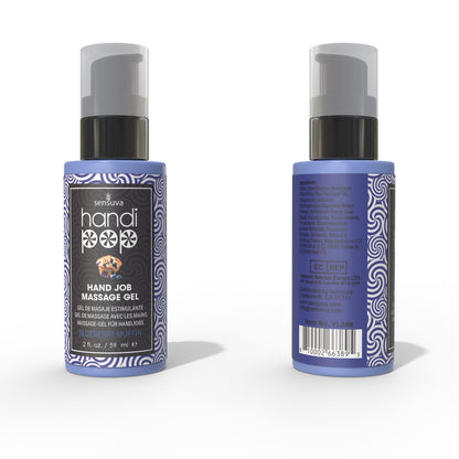 Two travel size blue and white bottles of Handipop blueberry muffin Eidble Hand job massage gel by Sensuva against a white background.