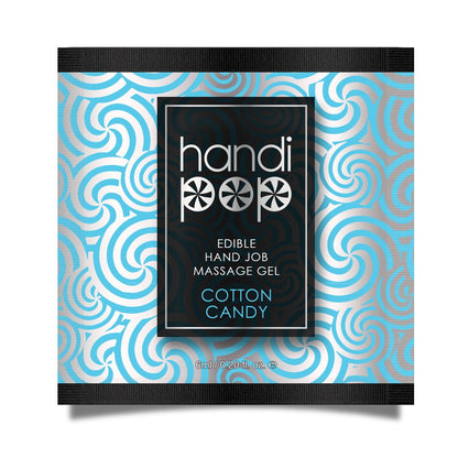 A blue and white box of the sample sample packets of Handipop Cotton Candy Eidble Hand job massage gel by Sensuva against a white background.