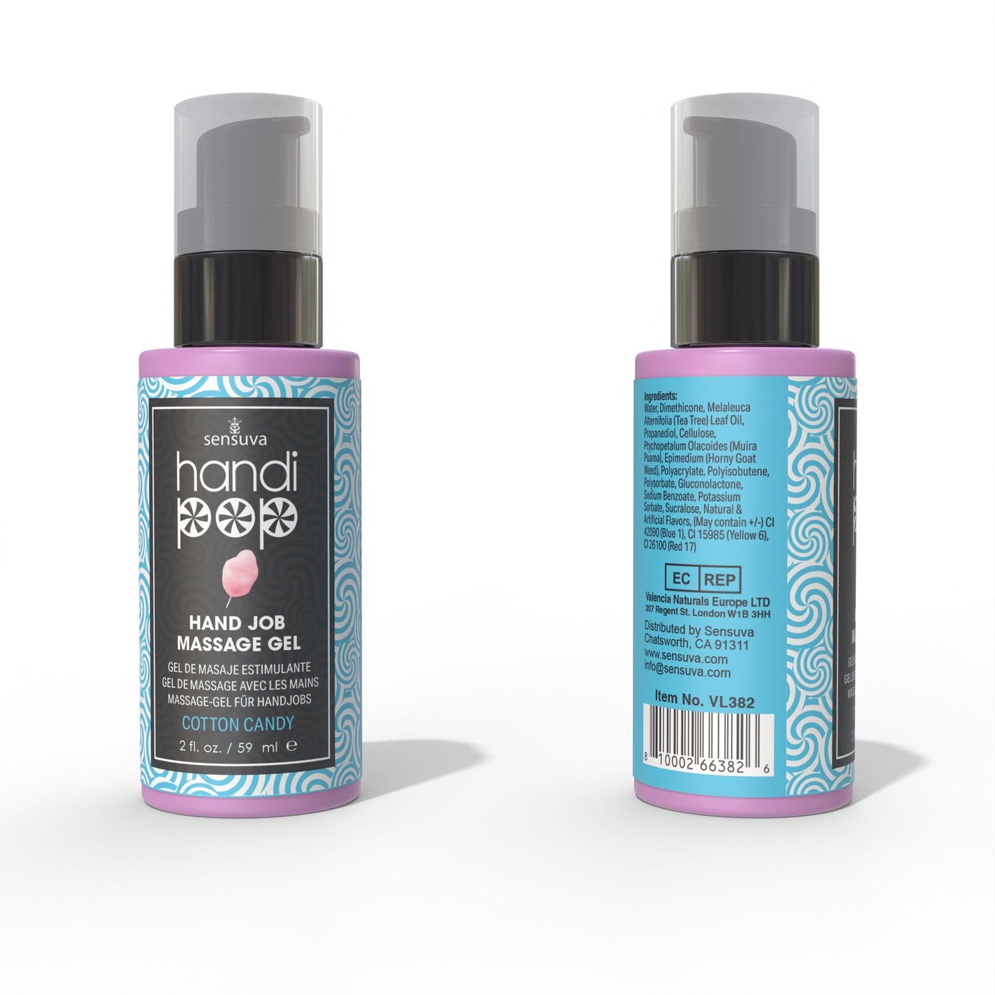 Two travel size blue and white bottles of Handipop cotton candy Eidble Hand job massage gel by Sensuva against a white background.