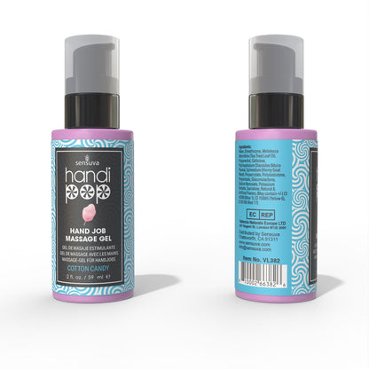 Two travel size blue and white bottles of Handipop cotton candy Eidble Hand job massage gel by Sensuva against a white background.