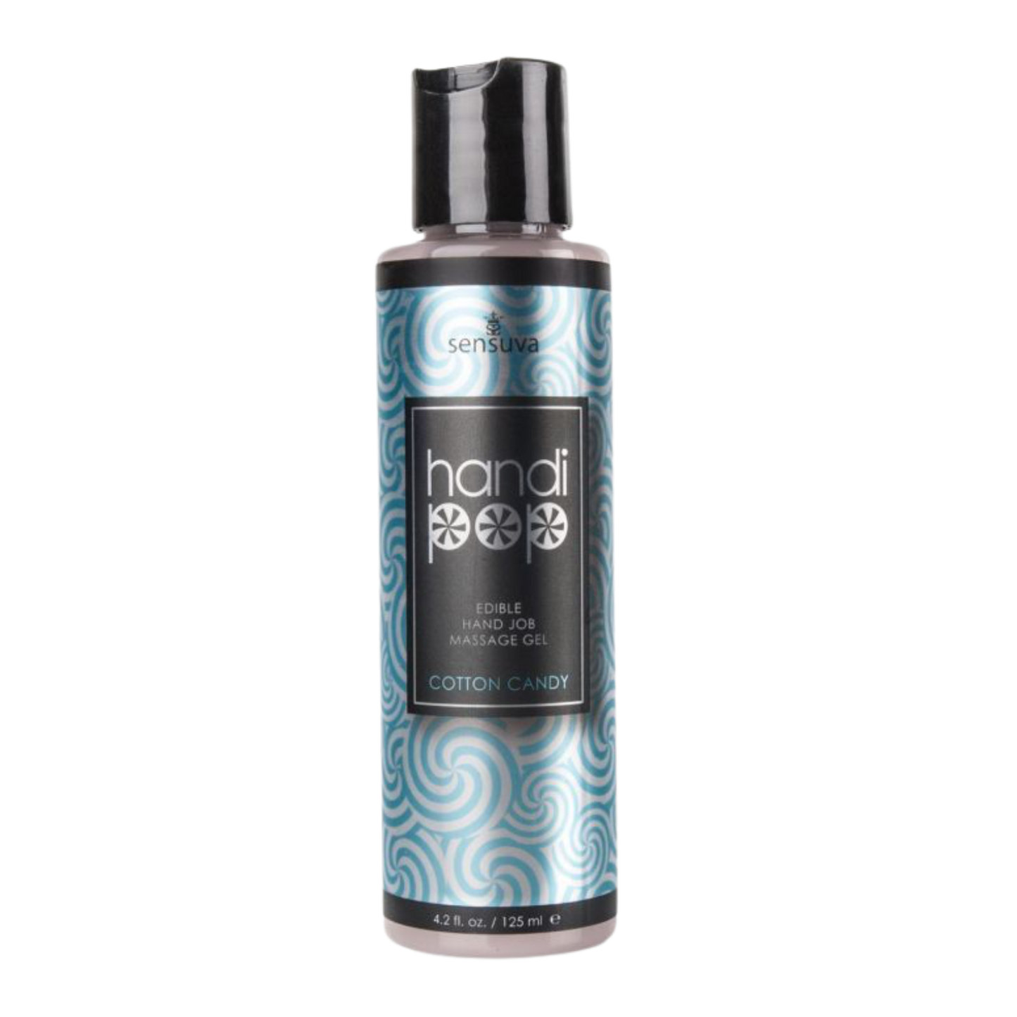 A blue and white bottle of Handipop cotton candy Eidble Hand job massage gel by Sensuva.