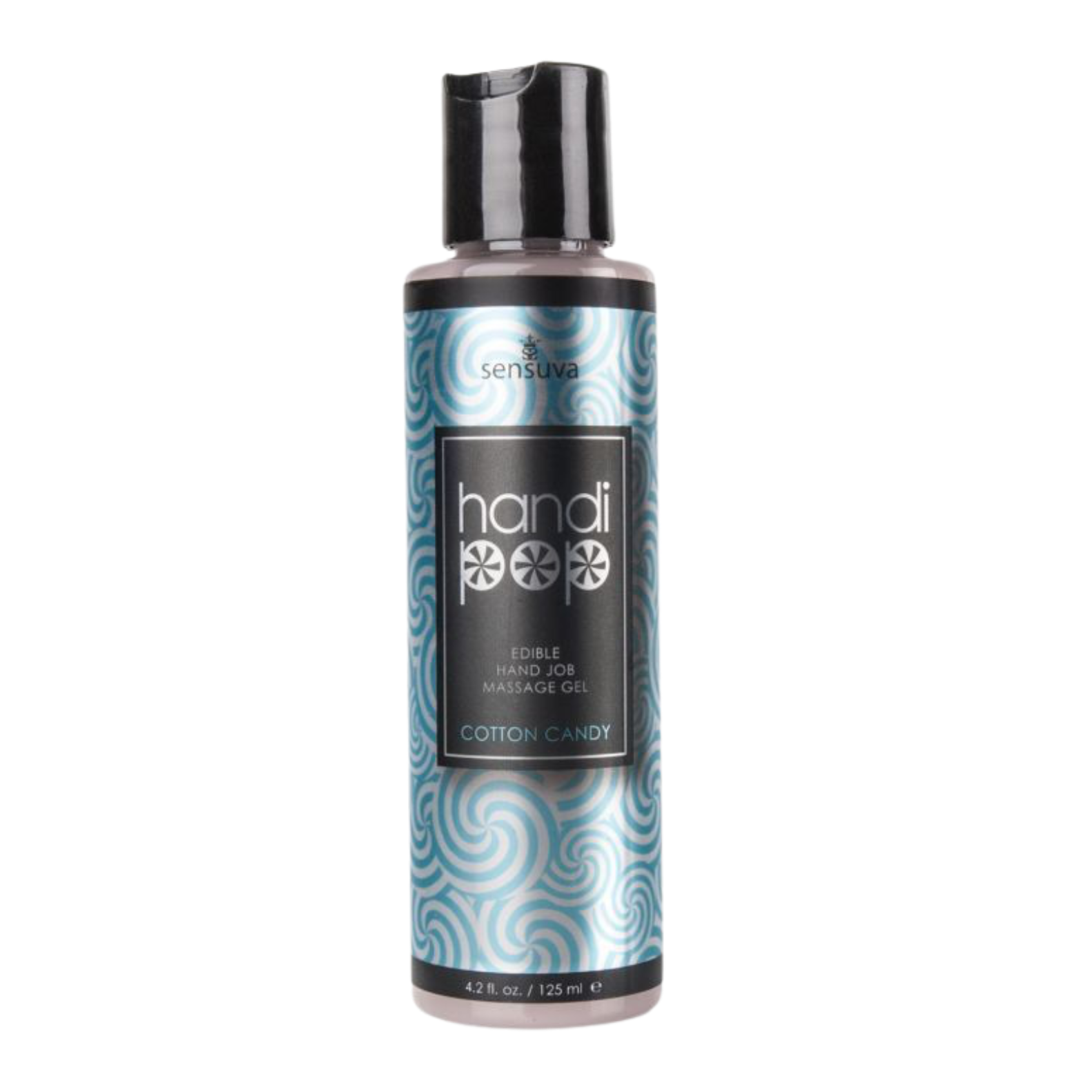 A blue and white bottle of Handipop cotton candy Eidble Hand job massage gel by Sensuva.