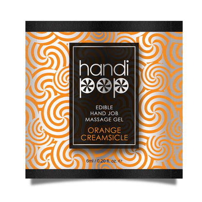 A orange and white box of the sample sample packets of Handipop Orange Creamsicle Eidble Hand job massage gel by Sensuva against a white background.