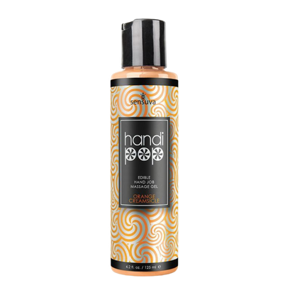 A orange and white bottle of Handipop orange creamsicle Eidble Hand job massage gel by Sensuva.