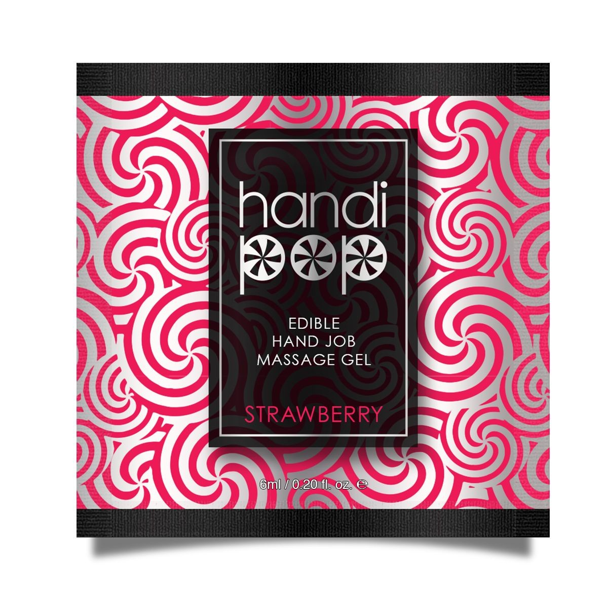 A red and white box of the sample sample packets of Handipop Strawberry Eidble Hand job massage gel by Sensuva against a white background.