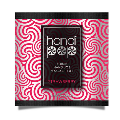 A red and white box of the sample sample packets of Handipop Strawberry Eidble Hand job massage gel by Sensuva against a white background.