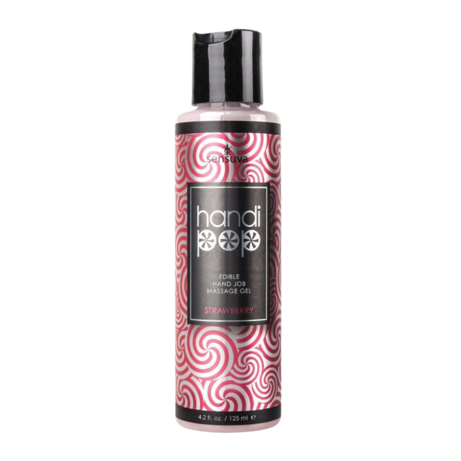 A red and white bottle of Handipop strawberry Eidble Hand job massage gel by Sensuva.