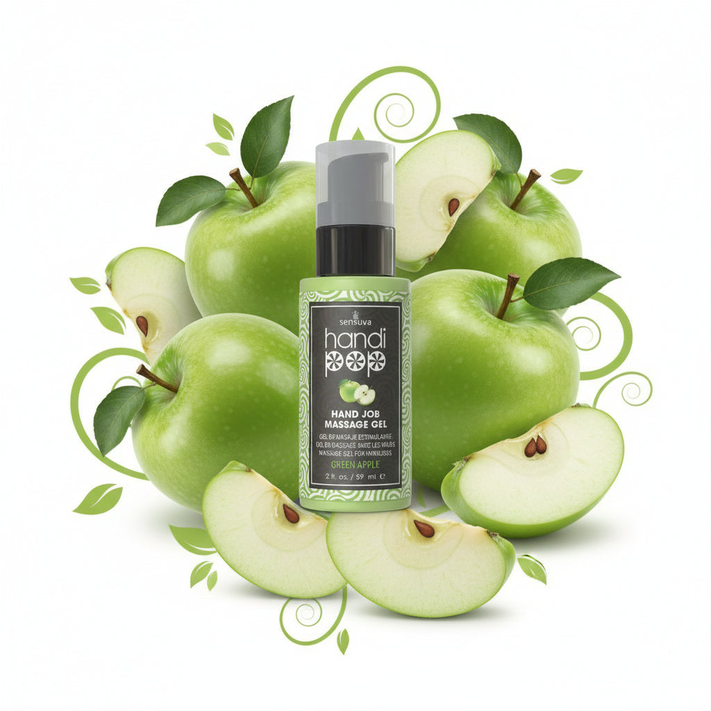 Handi Hand Job Massage Gel bottle with green label on green apple background