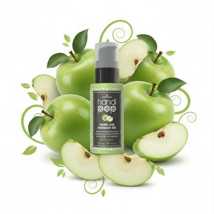 Handi Hand Job Massage Gel bottle with green label on green apple background