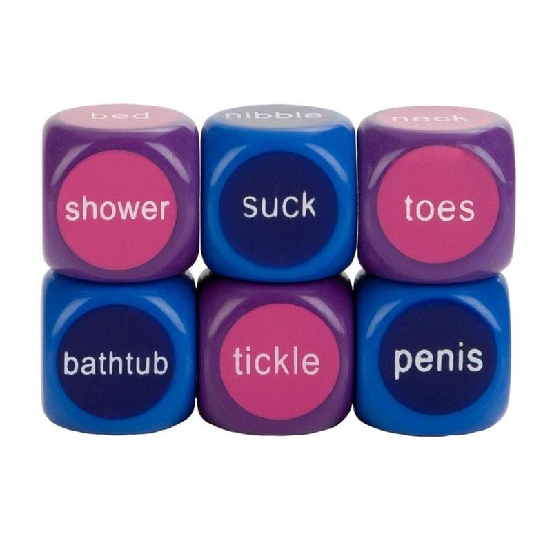 Blue and purple dice with inappropriate words on a white background.