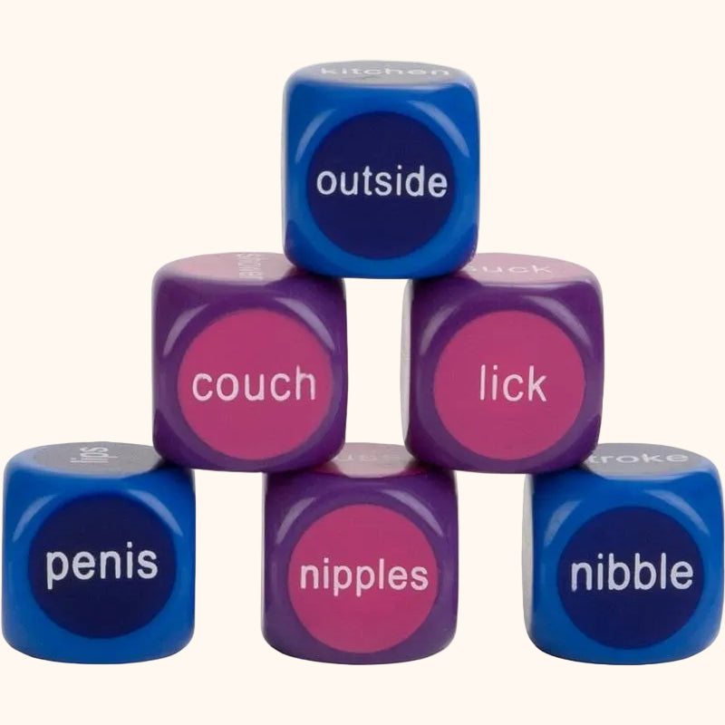 Blue and purple dice with inappropriate words on a white background.