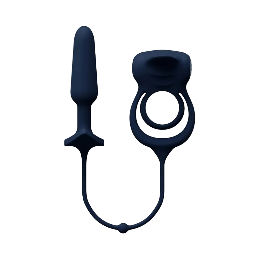Blue c-ring with butt plug attached 