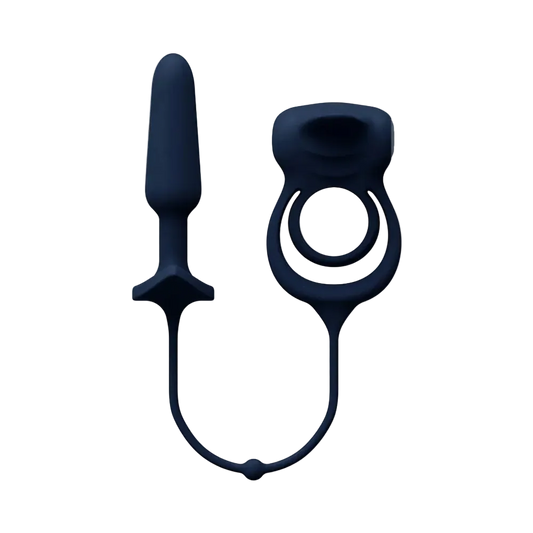 Blue c-ring with butt plug attached 