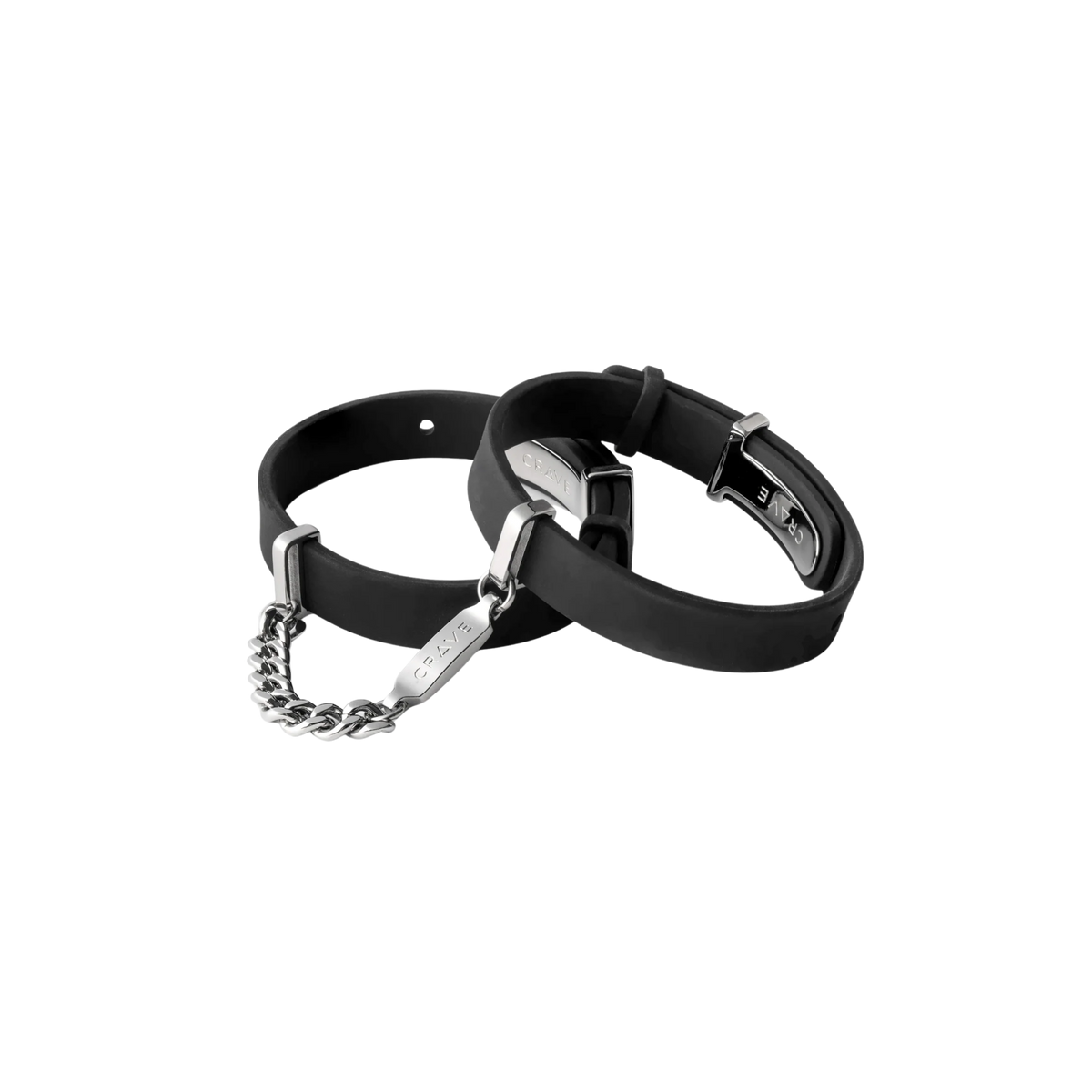 A set of black cuffs with a silver chain.