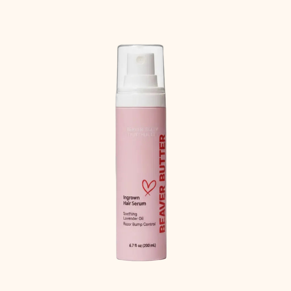 A pink bottle of ingrown hair serum by Beaver Butter against a white background.