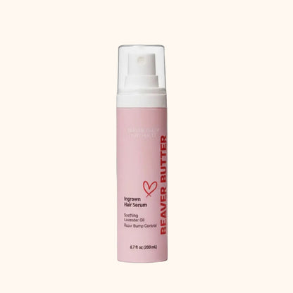 A pink bottle of ingrown hair serum by Beaver Butter against a white background.