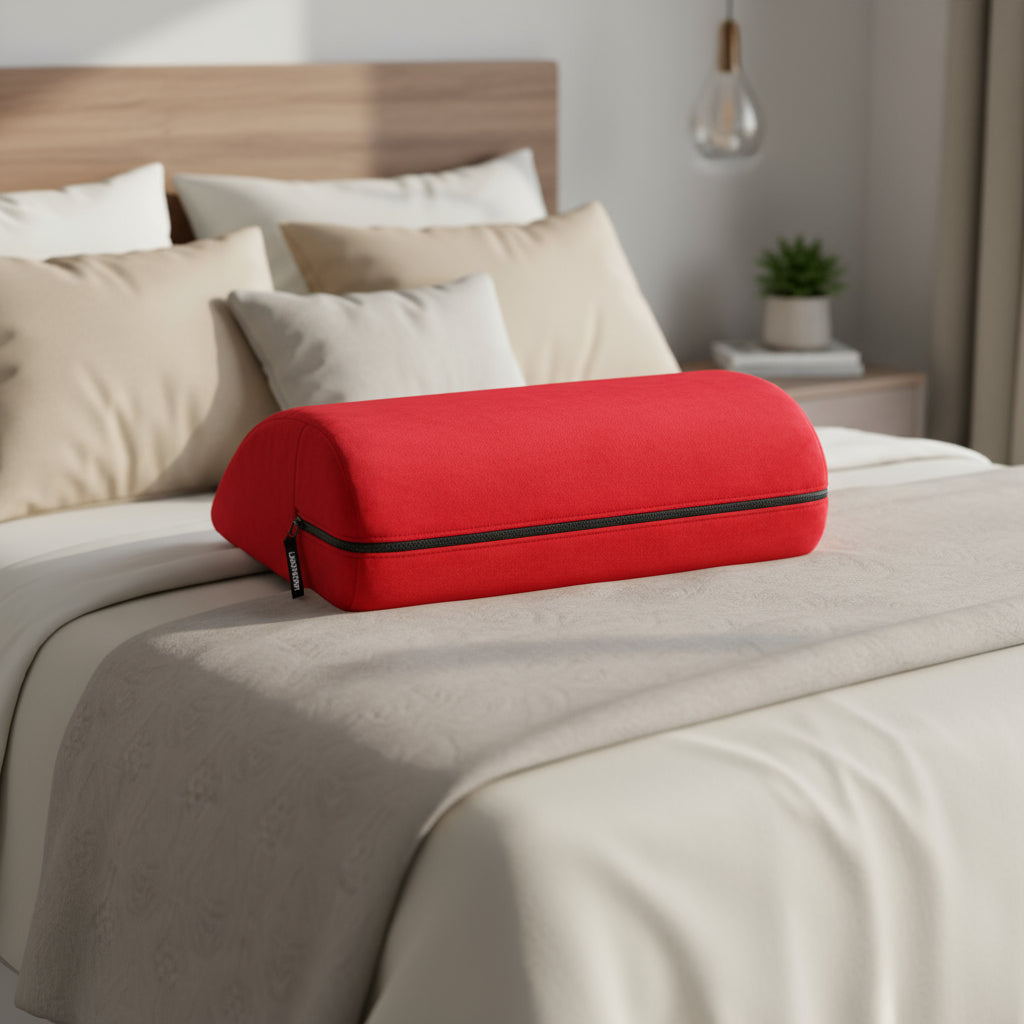 Red foam pillow on a bed