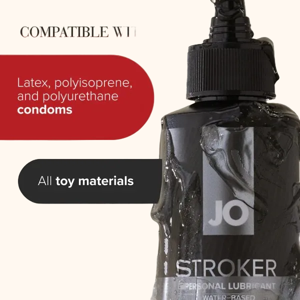 Bottle of JO Stroker lubricant on a white background showing it can be used with condoms or on toys.