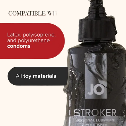 Bottle of JO Stroker lubricant on a white background showing it can be used with condoms or on toys.