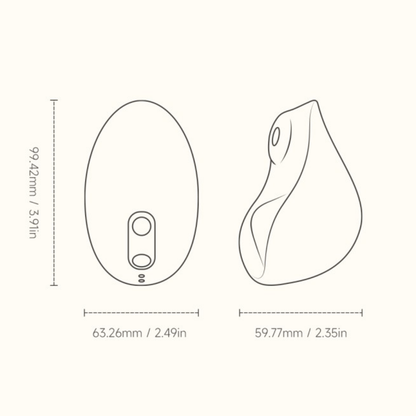 An outline of a Kiss dual-tapping vibrator by Liberator against a white background showing the dimensions.