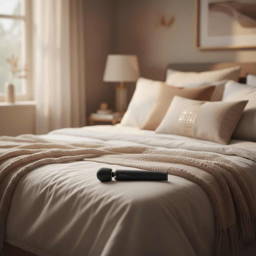 Black handheld massager with Le Wand branding laying on a bed.
