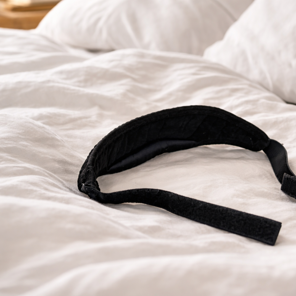 A black blindfold laying on a bed.