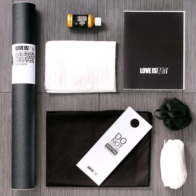 Love is Art Kit contents including canvas, paint, protective sheet, and accessories for intimate body painting.