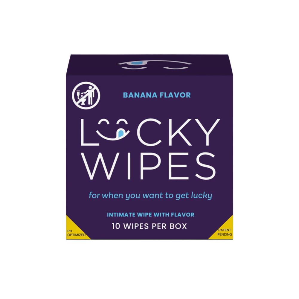 A purple box of Banana flavored Lucky Wipes for Him.