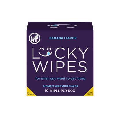 A purple box of Banana flavored Lucky Wipes for Him.
