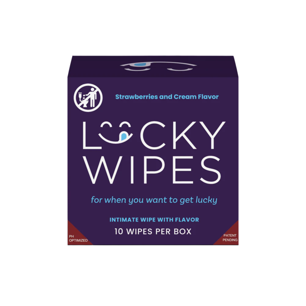 A purple box of Strawberries and Cream flavored Lucky Wipes for Him.