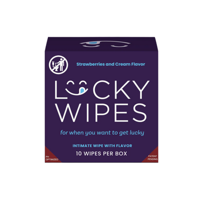 A purple box of Strawberries and Cream flavored Lucky Wipes for Him.