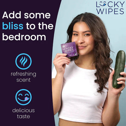 A lady holding a purple package of Sweet Cucumber flavored Lucky Wipes for Him in one hand and a cucumber in the other against a background stating how refreshing and delicious it is.