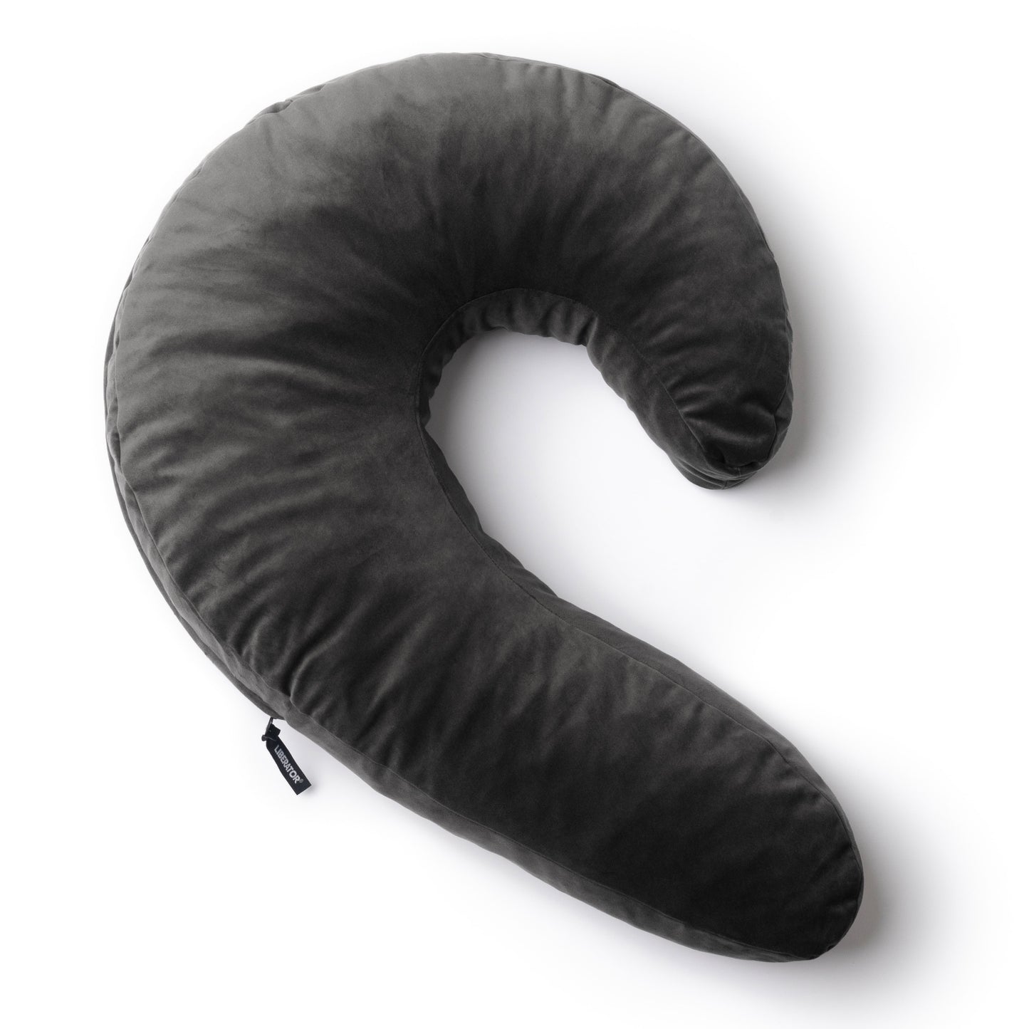 A black Lune Snuggle curved Pillow, Bedroom Furniture by Liberator against a white background.