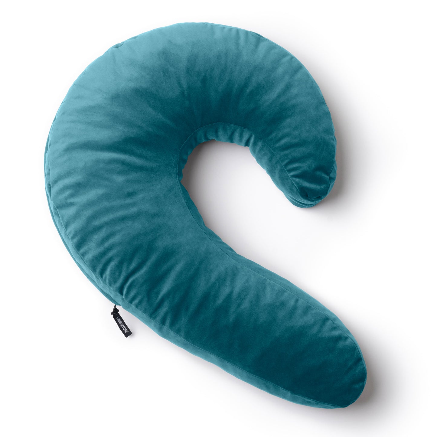 A blue Lune Snuggle curved Pillow, Bedroom Furniture by Liberator against a white background.