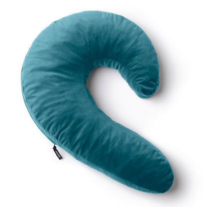A blue Lune Snuggle curved Pillow, Bedroom Furniture by Liberator against a white background.