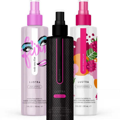 Three bottles of Lustra by Pure Romance on a white background