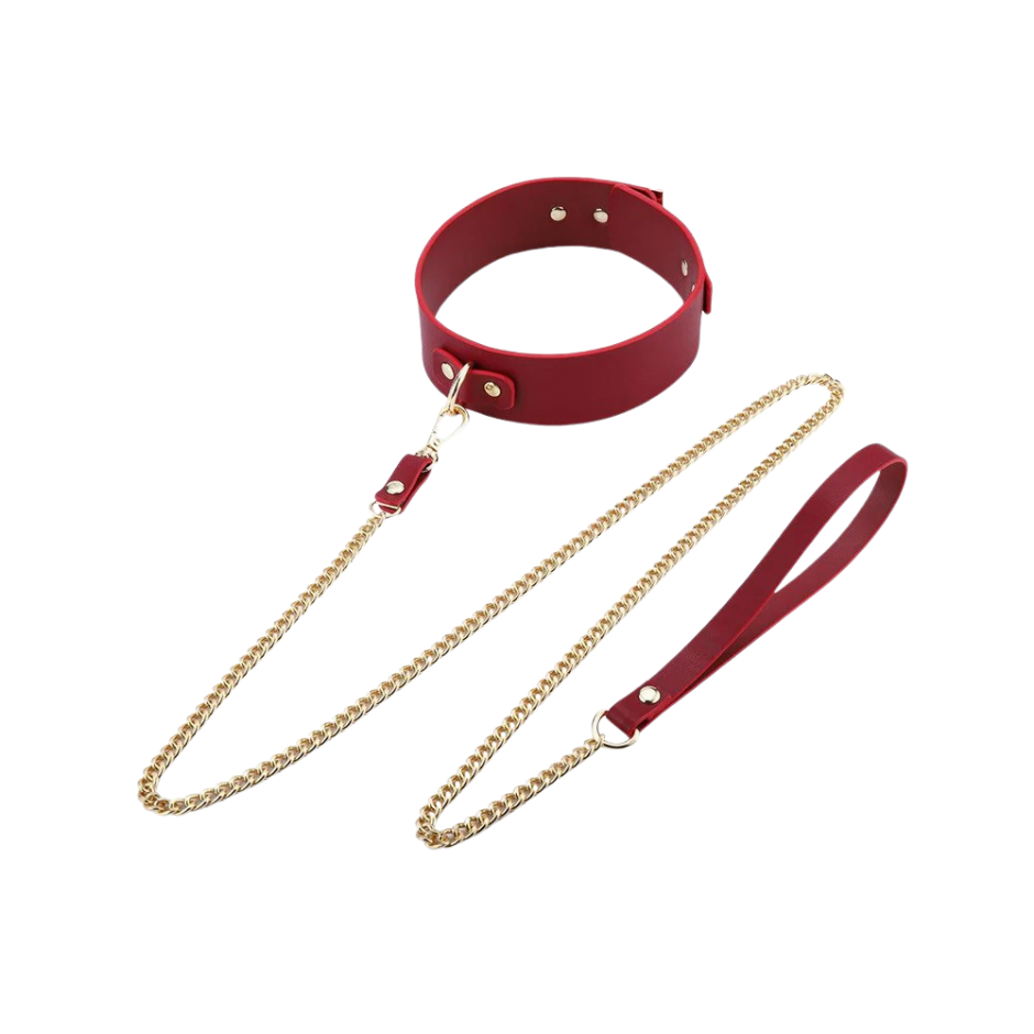 A red Luxe Bondage leash and collar.