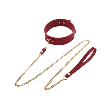 A red Luxe Bondage leash and collar.