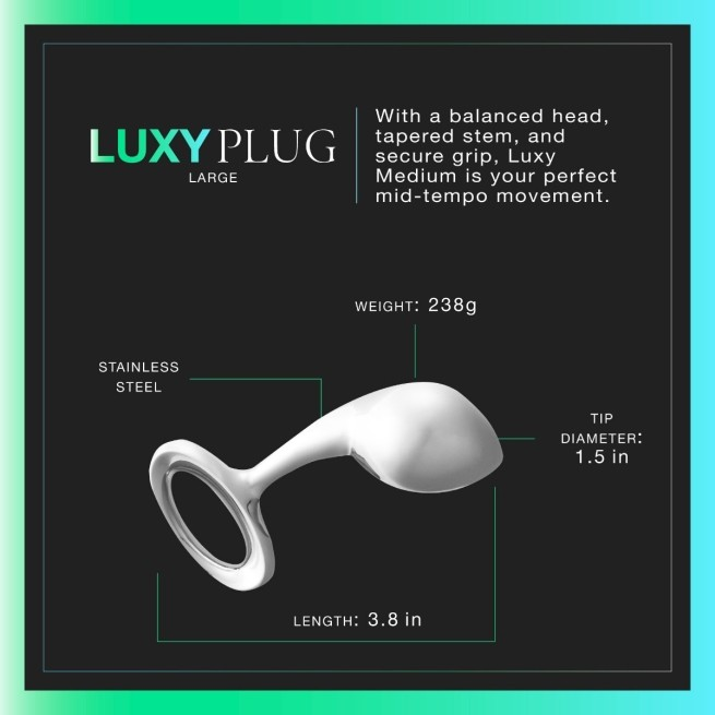 A large Luxy Stainless Steel Anal Plug against a black background showing the measurements.