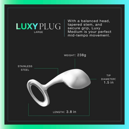 A large Luxy Stainless Steel Anal Plug against a black background showing the measurements.