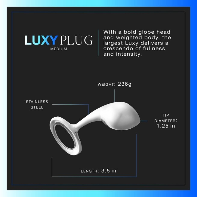 A medium Luxy Stainless Steel Anal Plug against a black background showing the measurements.