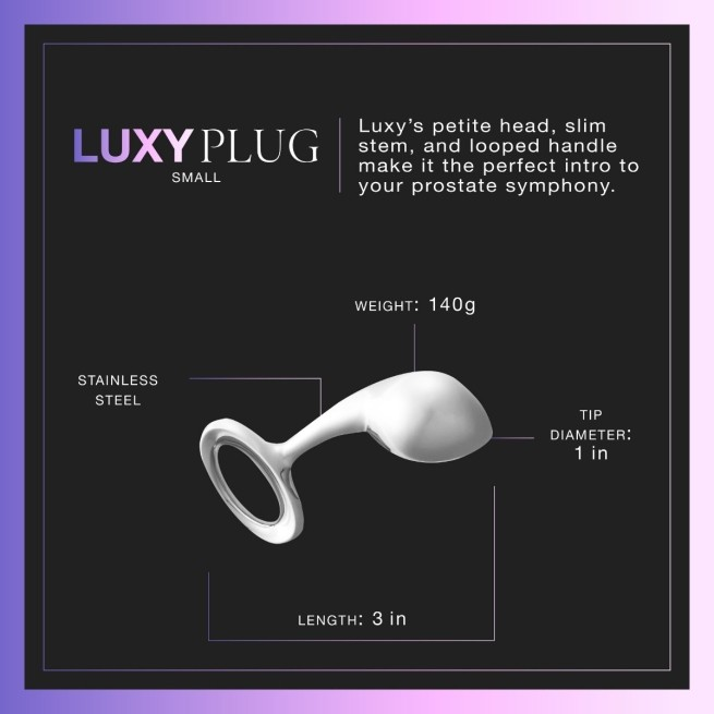 A small Luxy Stainless Steel Anal Plug against a black background showing the measurements.
