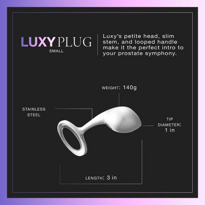 A small Luxy Stainless Steel Anal Plug against a black background showing the measurements.