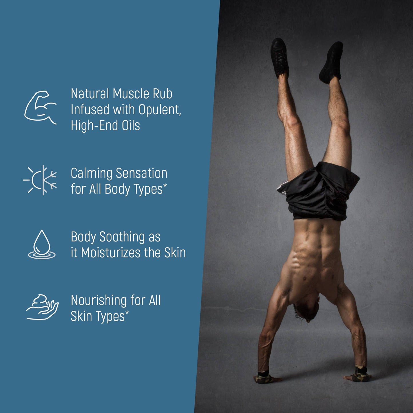 A man doing a handstand stating the benefits of the muscle rub.