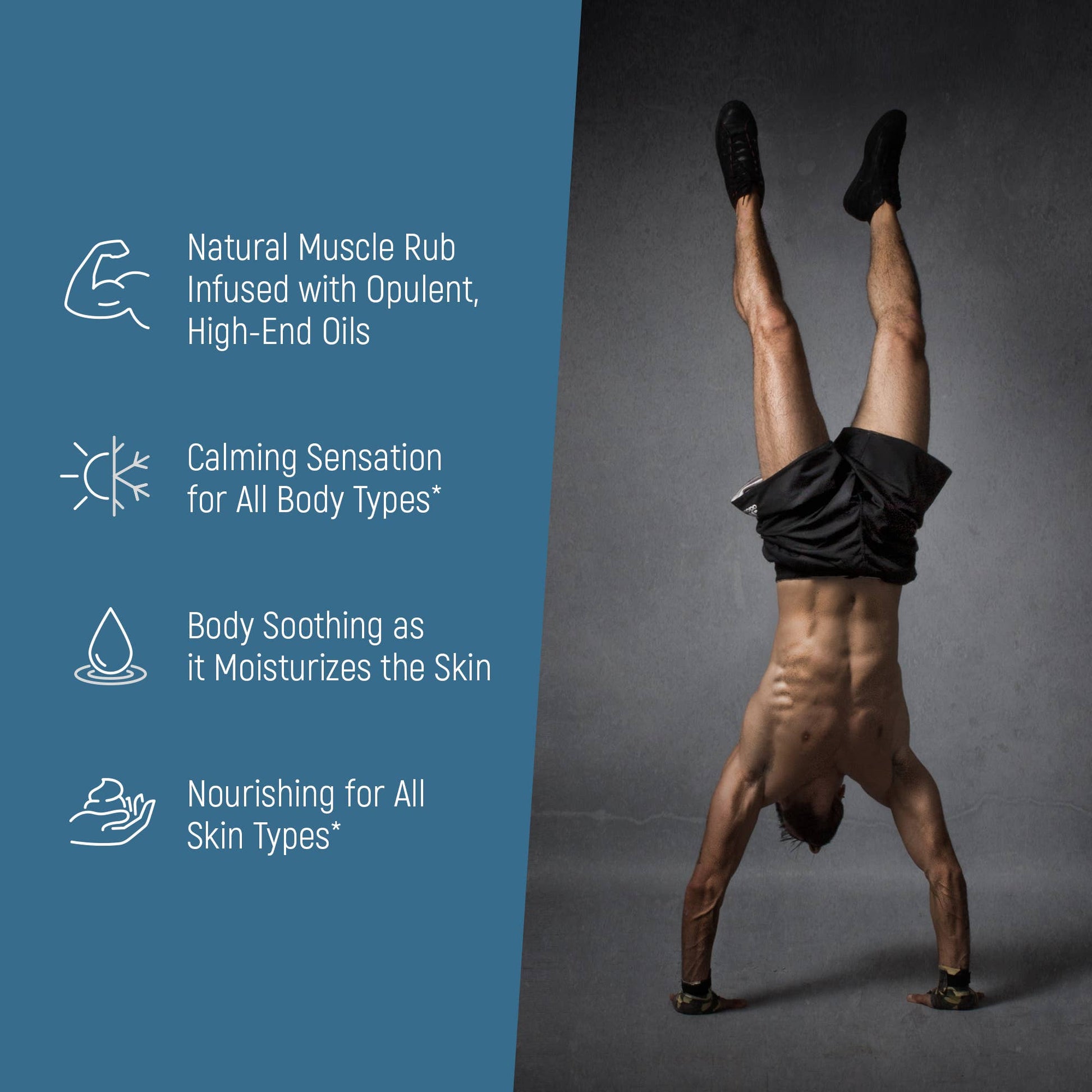 A man doing a handstand stating the benefits of the muscle rub.