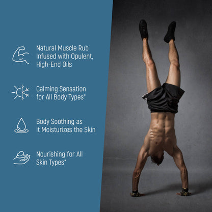 A man doing a handstand stating the benefits of the muscle rub.