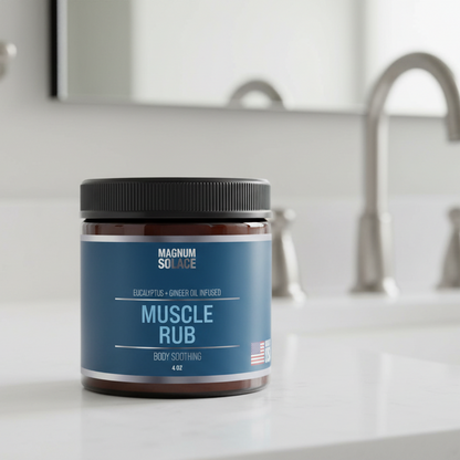 Jar of Magnum Solace Muscle Rub on a bathroom sink.