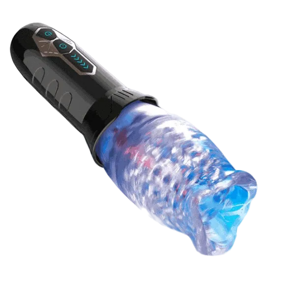 A black and clear male Rose Masturbator lit up in a blue color.