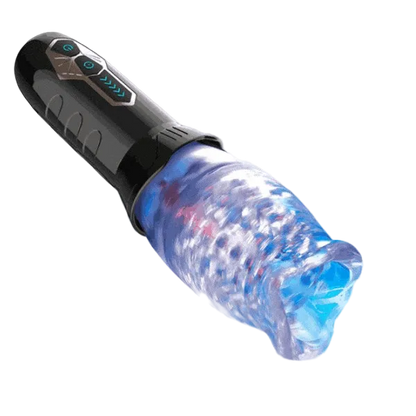 A black and clear male Rose Masturbator lit up in a blue color.