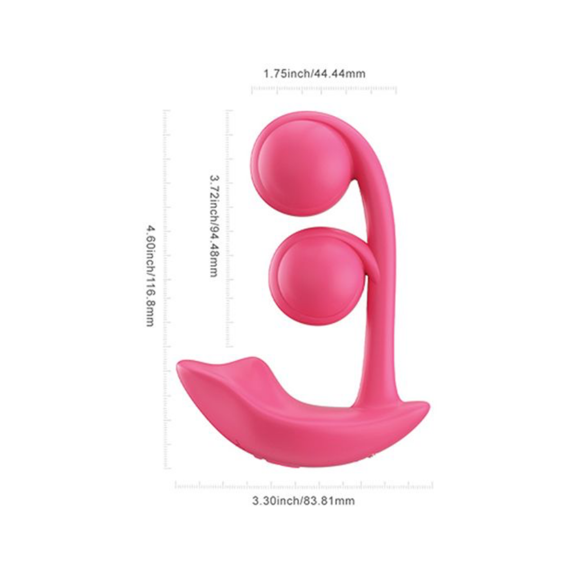 A pink Melody Wearable remote vibrator against a white background showing the dimensions.